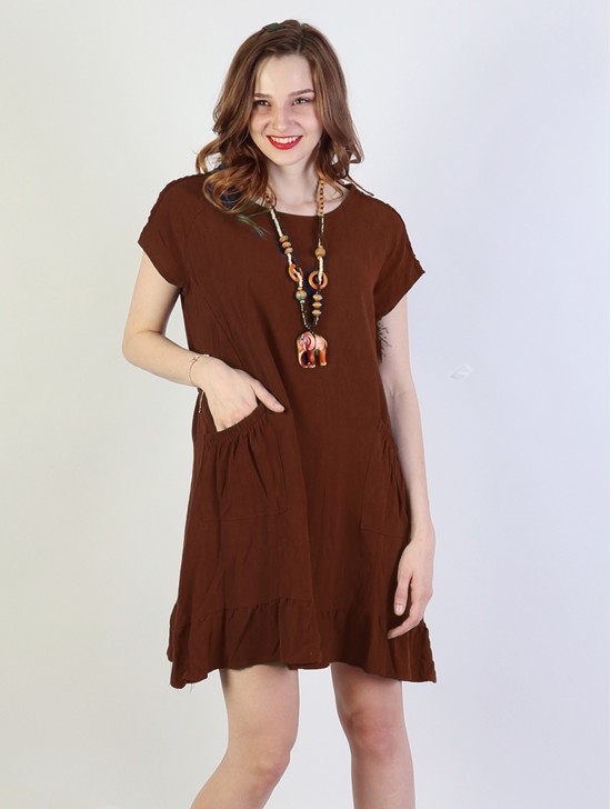 Shift Dress with Flouncy Edge. Cut-out Shoulder and Pockets